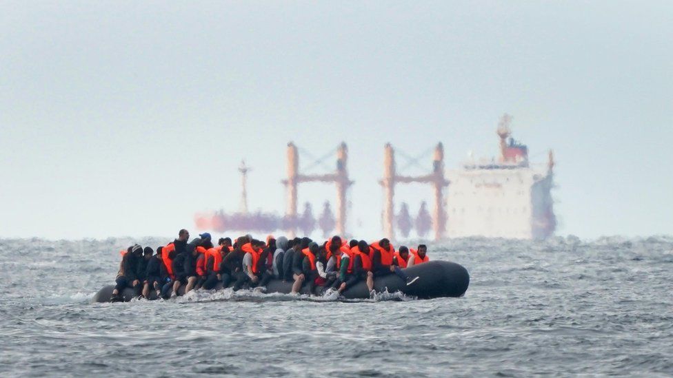 A group of people thought to be migrants in a small boat heading towards Dover, Kent, on 29 August 2023