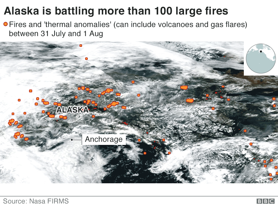 Satellite image showing wildfires in Alaska