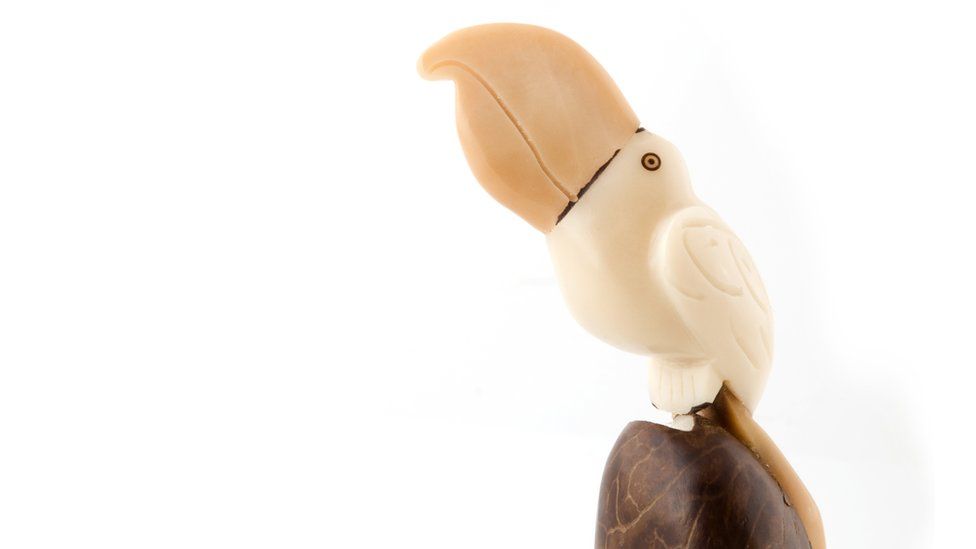 A sculpture of a toucan made from tagua