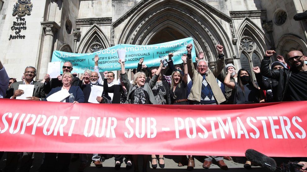 Sub-postmasters' celebrating their convictions being overturned by the Court of Appeal in 2021