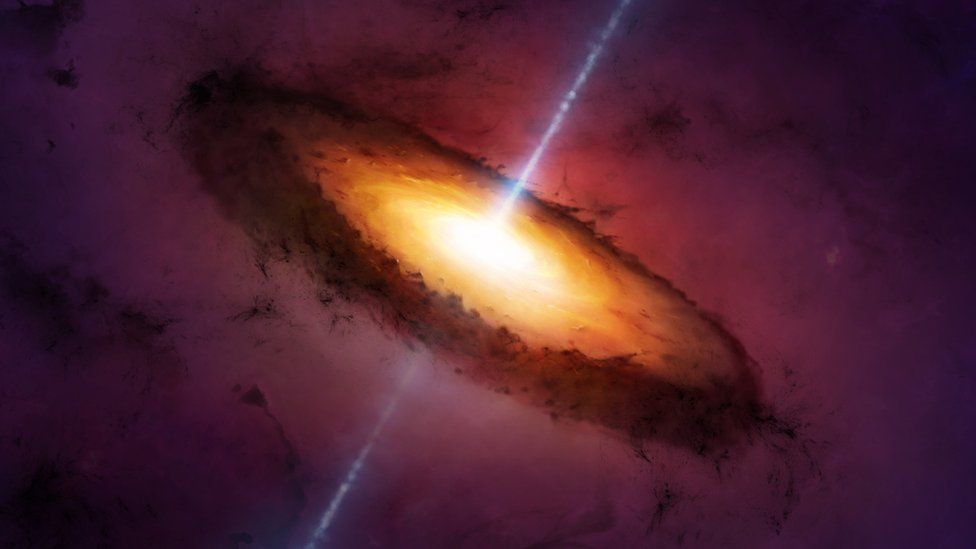 Artwork of a dusty galaxy with a bright glowing core and two white jets emerging at right angles