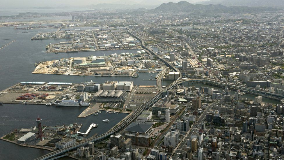 An aerial view of the major Japanese port city of Fukuoka