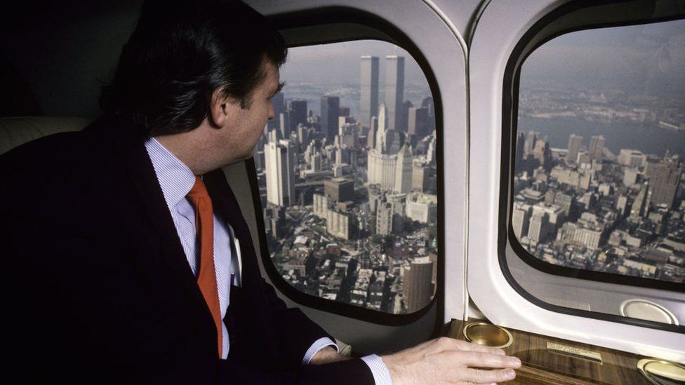 Donald Trump, real estate mogul, entrepreneur, and billionare, utilizes his personal helicopter to get around on August 1987 in New York City