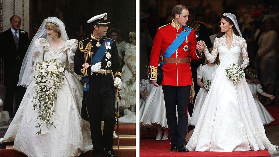 Princess Diana and Prince Charles; Prince William and Catherine, Duchess of Cambridge at both their respective weddings