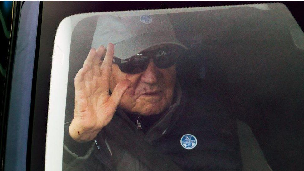 Spain's Emeritus King Juan Carlos I leaves the yacht club of Sanxenxo, Spain, 23 April 2023.