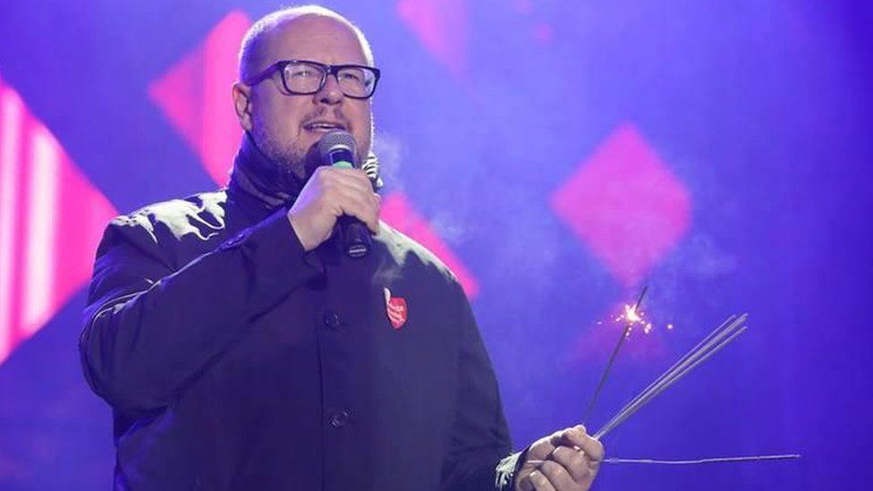 A handout photo made available by the City of Gdansk shows Mayor of Gdansk Pawel Adamowicz speaking on stage