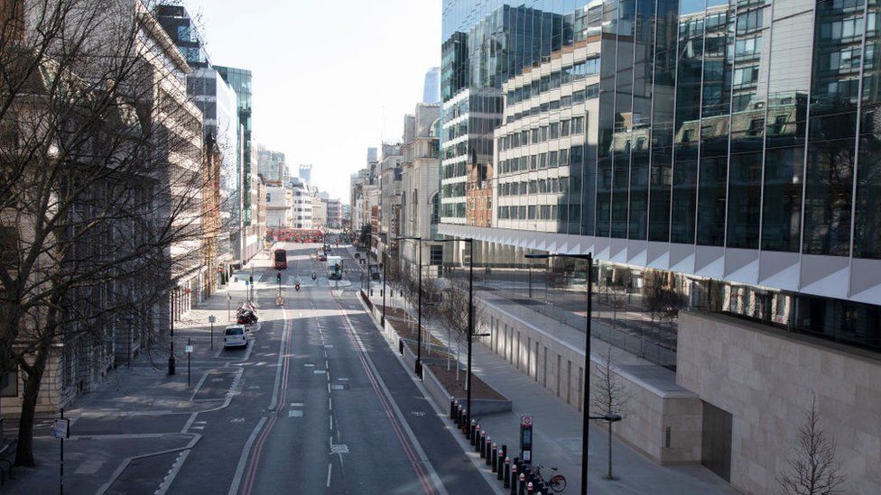 Deserted city of London street in March