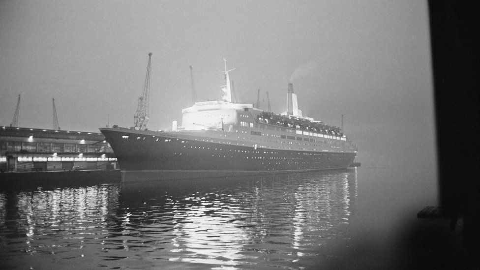 The QE2 at night in 1969