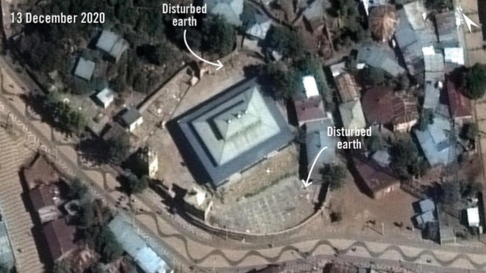 Satellite imagery taken on 13 December 2020 shows new disturbed earth at the Arba'etu Ensessa church in downtown Aksum