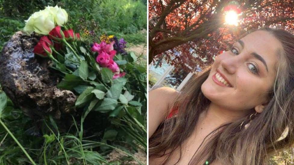 A bunch of flowers and an image of Olivia Alkir
