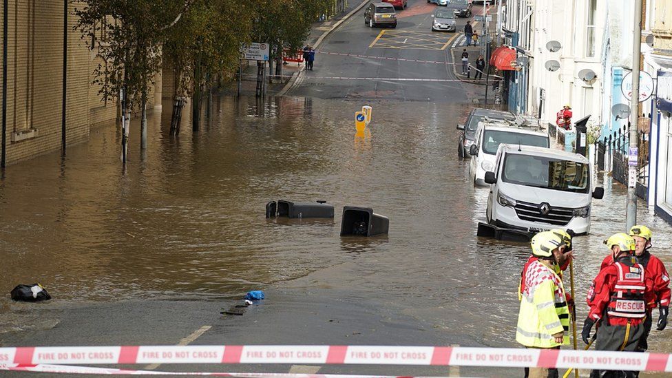 A flooded street in Hastings