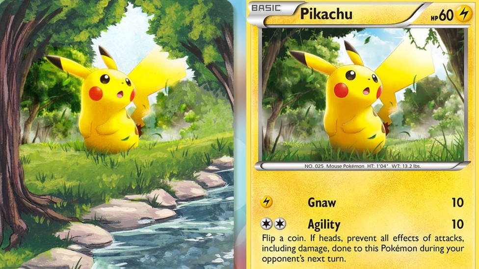 A Pokemon card of Pikachu, beside a painting on the same card