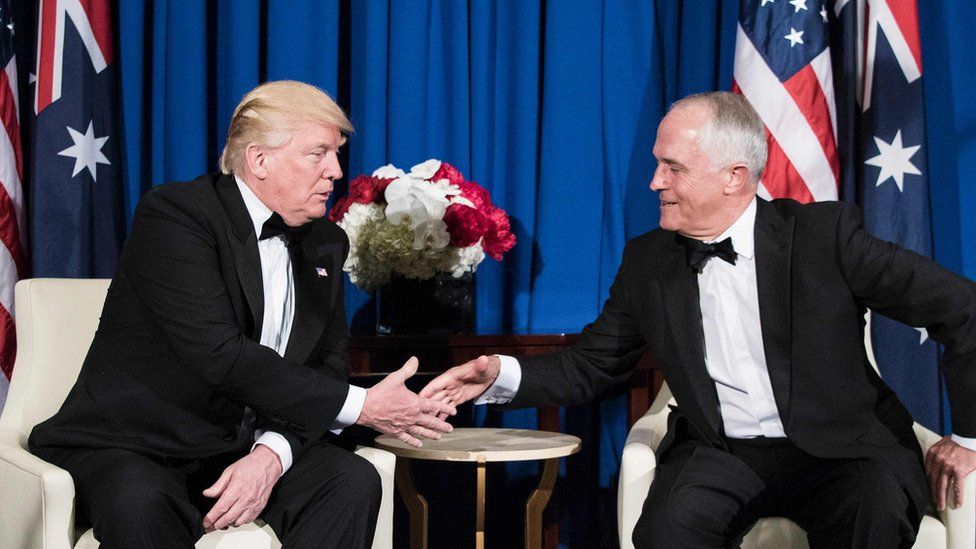 US President Donald Trump (L) and Australian Prime Minister Malcolm Turnbull shake hands before a meeting on board the Intrepid Sea, Air and Space Museum May 4, 2017 in New York, New York.