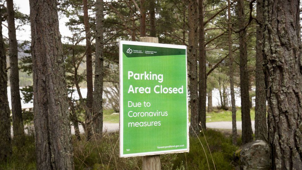 A car park closure sign at Loch Morlich in the Cairngorms