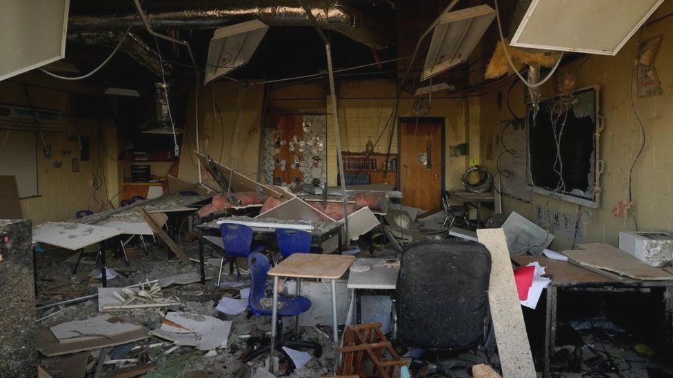 A classroom severely damaged by a tornado in Wynne, Arkansas