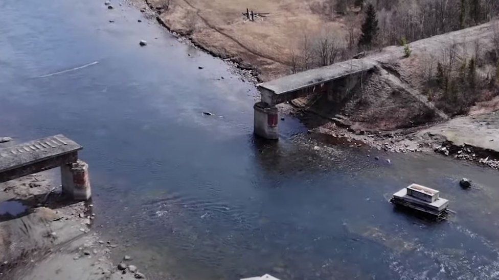 A bridge dismantled by suspected metal thieves in Russia's Murmansk Region