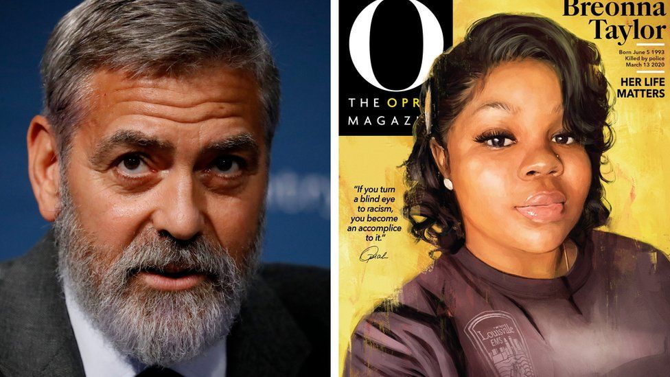 George Clooney and magazine cover portrait of Breonna Taylor