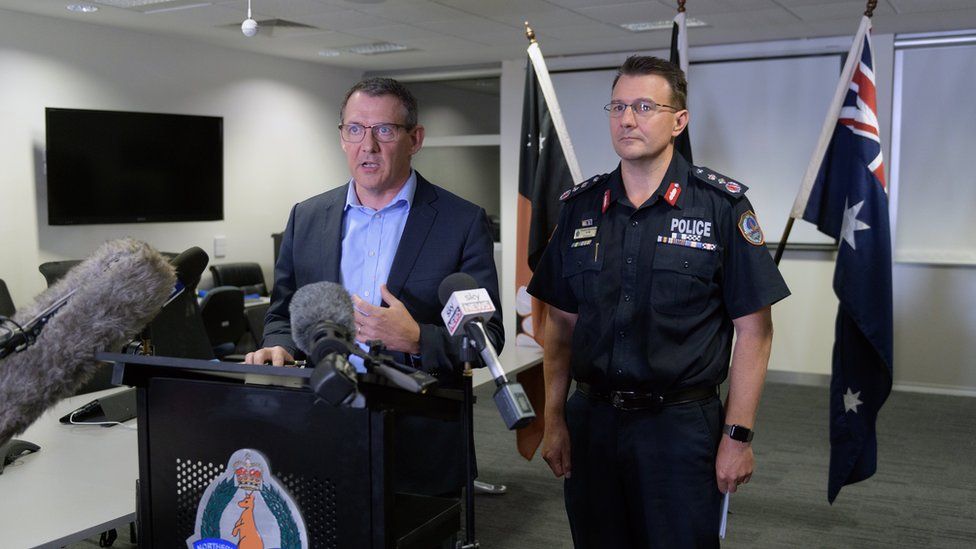 Northern Territory Chief Minister Michael Gunner and Police Commissioner Reece Kershaw giving a press conference to journalists