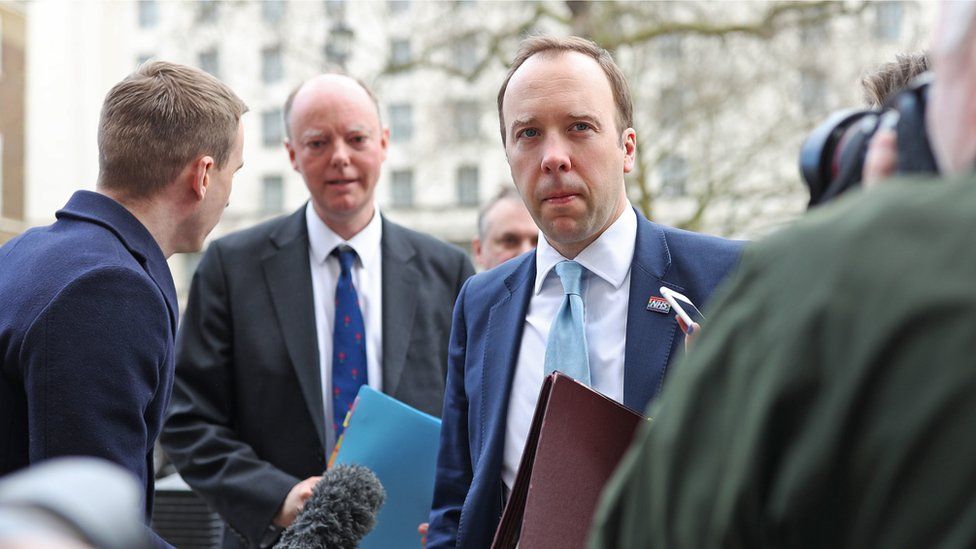 Matt Hancock and Chris Whitty arriving at the Cabinet Office on 9 March