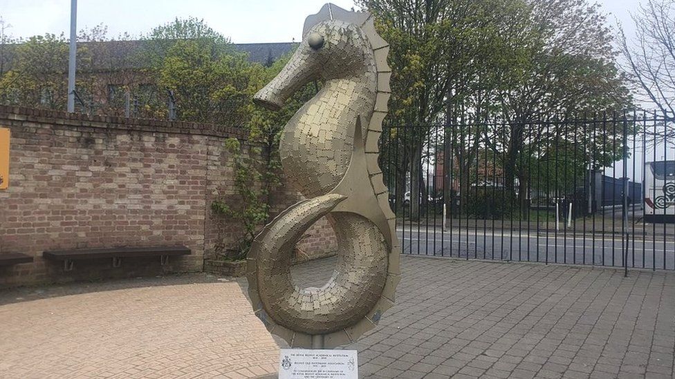 Seahorse sculpture outside Royal Belfast Academical Institutions library