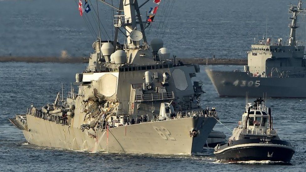 US Navy guided missile destroyer USS Fitzgerald arrves at its mother port US Naval Yokosuka Base, Kanagawa prefecture on 17 June 2017.