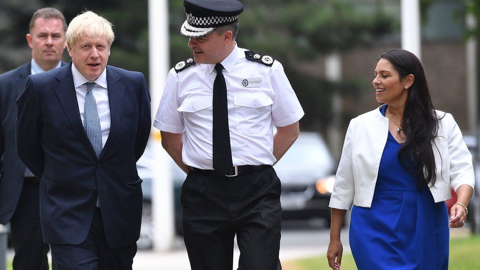 Boris Johnson and Home Secretary Priti Patel with Chief Constable of West Midlands Police Dave Thompson
