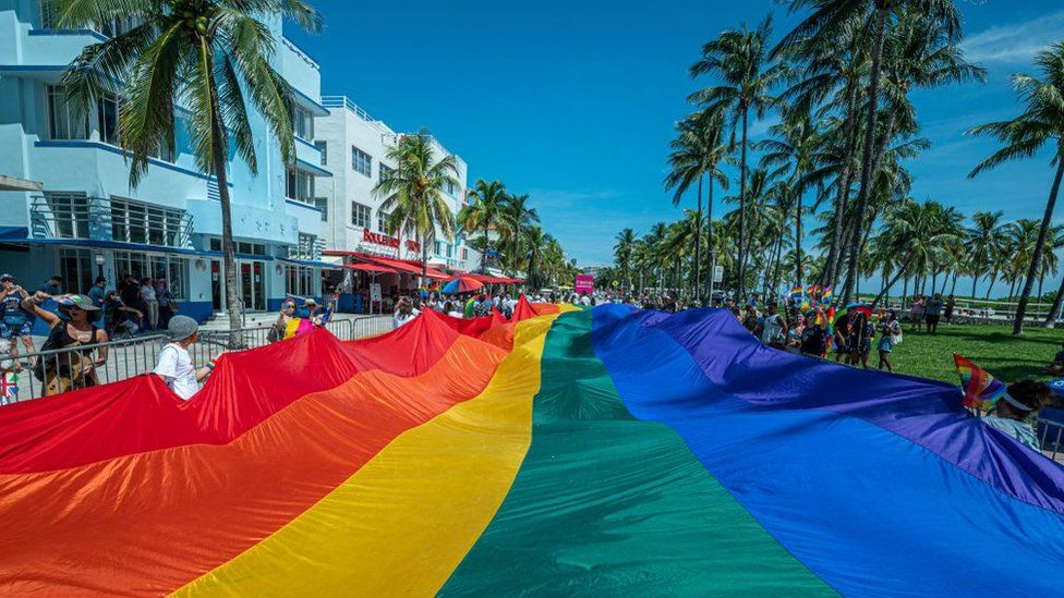 A large LGBT pride flag unveiled at the annual pride parade in Miami, Florida