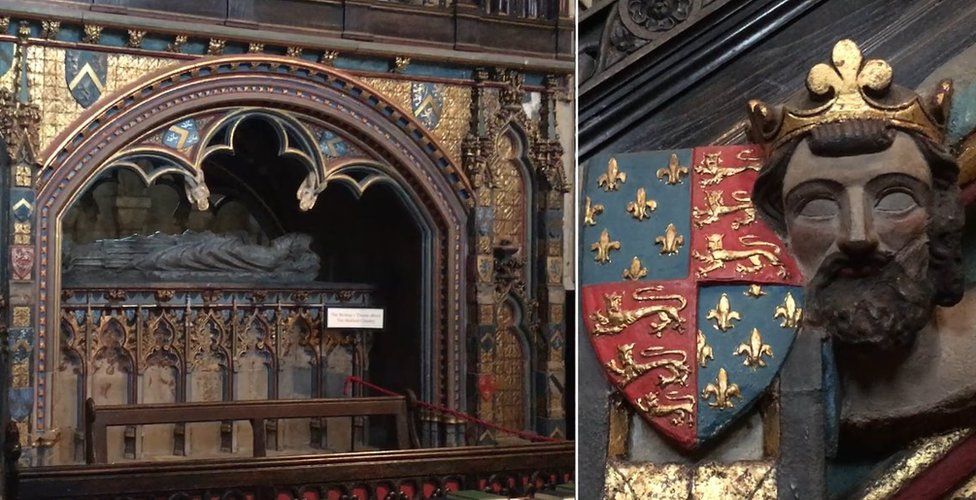 Bishop Hatfield's tomb and the face and crest of King Edward III