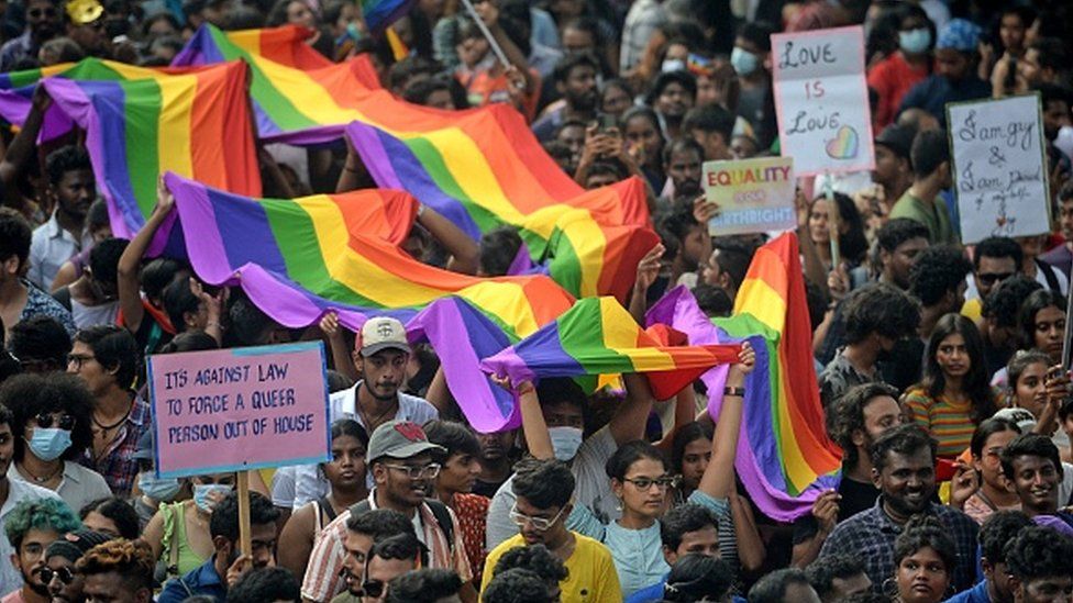 Activists and supporters of LGBTQ community walk a pride parade in Chennai on June 26, 2022