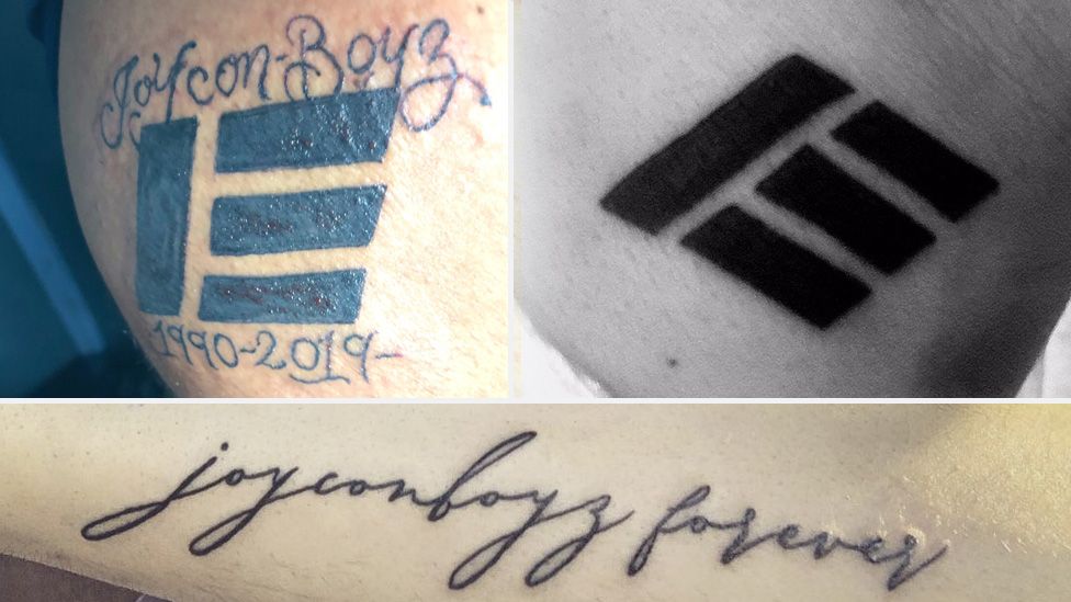Three tattoos in one image. One reads 'joyconboyz forever'. The other two show Etika's logo.