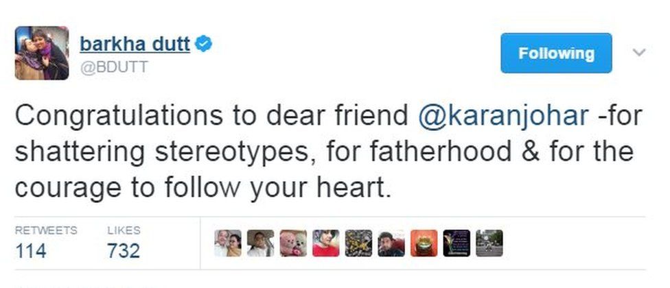 Congratulations to dear friend @karanjohar -for shattering stereotypes, for fatherhood & for the courage to follow your heart.