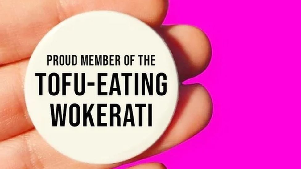 Badge that reads " Proud subordinate   of the tofu - eating wokerati"