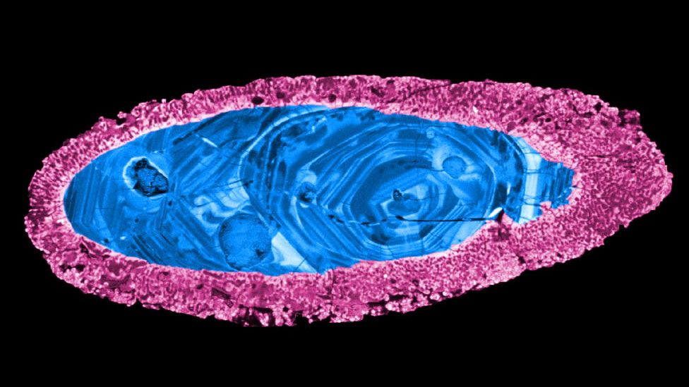 A zircon crystal used to date the Yarrabubba impact. The margin (pink) re-crystallised during impact, leaving the inner core (blue) intact.