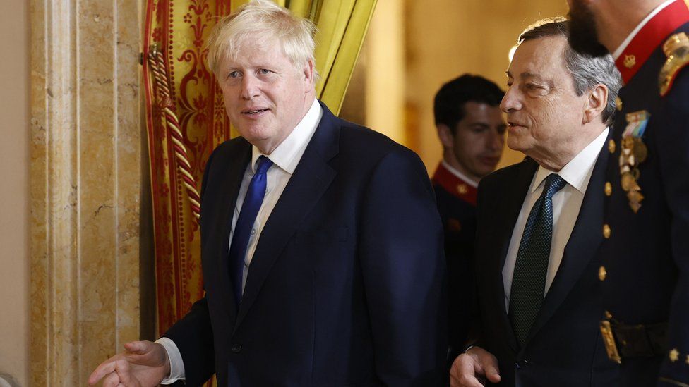 Boris Johnson in Madrid alongside Italian Prime Minister Mario Draghi