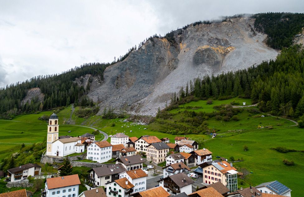 An overview of the village of Brienz and its church in front of the zone of rockslide, Switzerland, May 11, 2023.