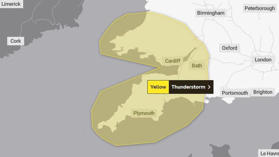 map showing at yellow weather warning south Wales and south-west England