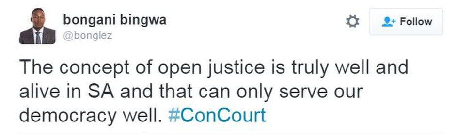 tweet reading "the concept of open justice is truly well and alie in SA and that can only serve our democracy well