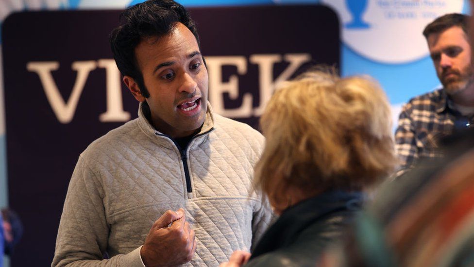 Vivek Ramaswamy seen at a campaign stop in Iowa in October