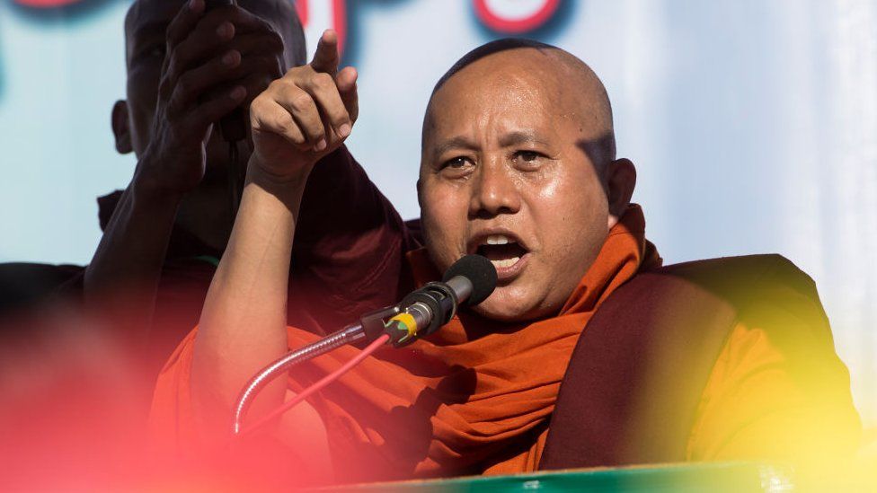 Buddhist monk Wirathu delivers a speech during a rally to show the support to the Myanmar military in Yangon on October 14, 2018
