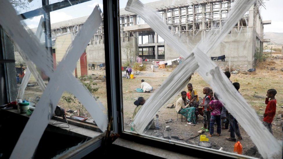 Displaced people are seen at the Shire campus of Aksum University, which was turned into a temporary shelter for people displaced by conflict, in the town of Shire, Tigray region, Ethiopia, March 15, 2021.