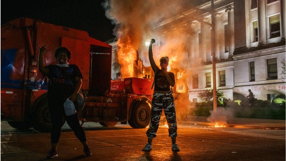 Fires burn in Kenosha during protests in August 2020