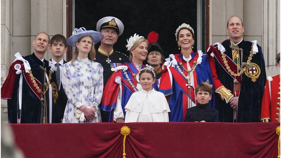 The Duke of Edinburgh, the Earl of Wessex, Lady Louise Windsor, Vice Admiral Sir Tim Laurence ,the Duchess of Edinburgh, the Princess Royal, Princess Charlotte, the Princess of Wales, Prince Louis, the Prince of Wales on the balcony of Buckingham Palace,