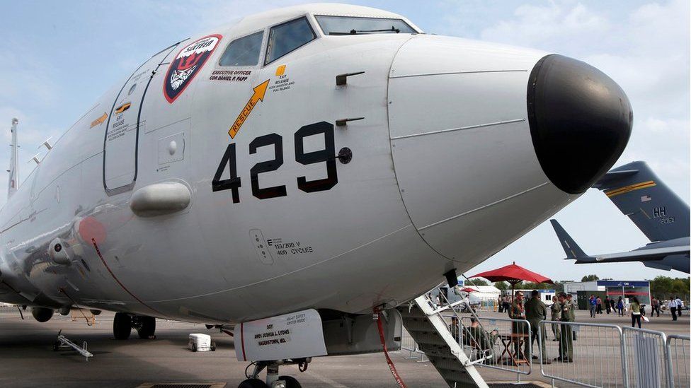 A US Navy Poseidon P-8 aircraft son display at the Singapore Airshow in 2014