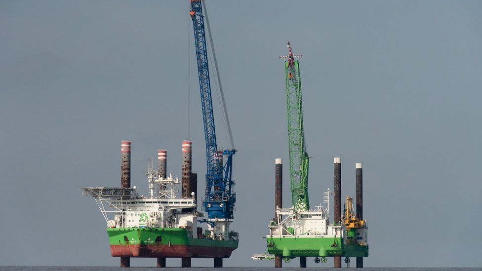 Two large platforms in the Bristol Channel off Hinkley Point C