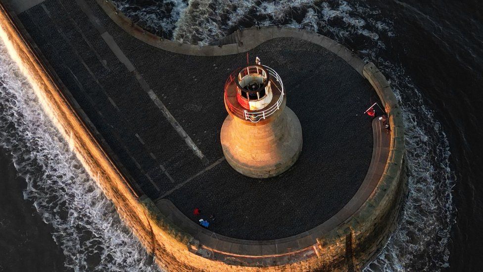 An aerial photograph of the lighthouse without its dome