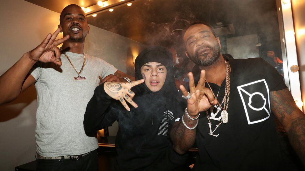 Shotti, 6ix9ine, and Jim Jones backstage at PlayStation Theater on August 13, 2018