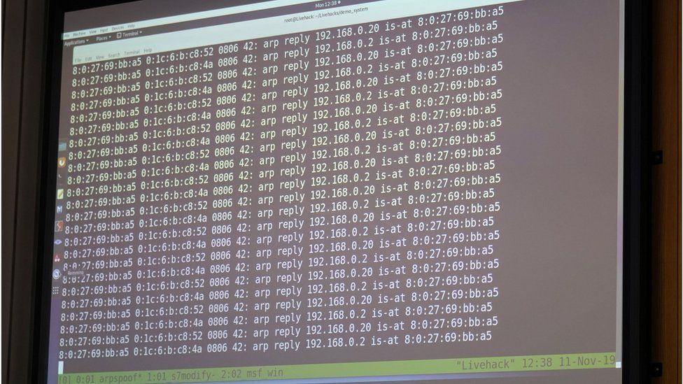 A digital screen displays a live cyber-hack attack during a press conference at the Federal Criminal Police Office (BKA) in Wiesbaden, Germany, 11 November 2019
