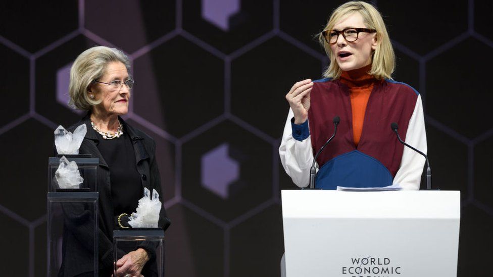 Actress Cate Blanchett and Schwab Foundation for Social Entrepreneurship Chairperson and Co-Founder Hilde Schwab at the World Economic Forum (WEF) meeting, on January 22, 2018 in Davos