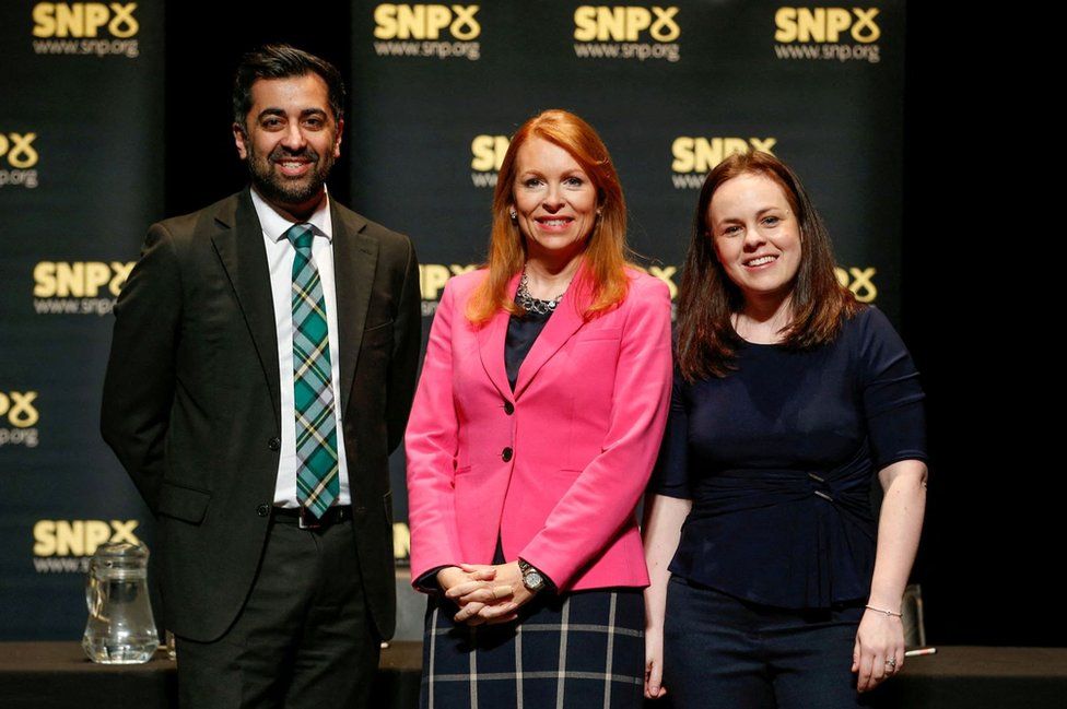 SNP enactment    candidates (left-right) Humza Yousaf, Ash Regan and Kate Forbes during the SNP enactment    statement   astatine  the Tivoli Theatre Company successful  Aberdeen connected  Sunday