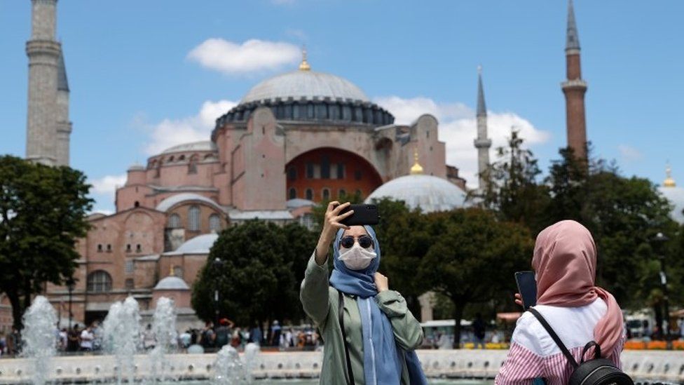 Visitors to the Hagia Sophia in Istanbul